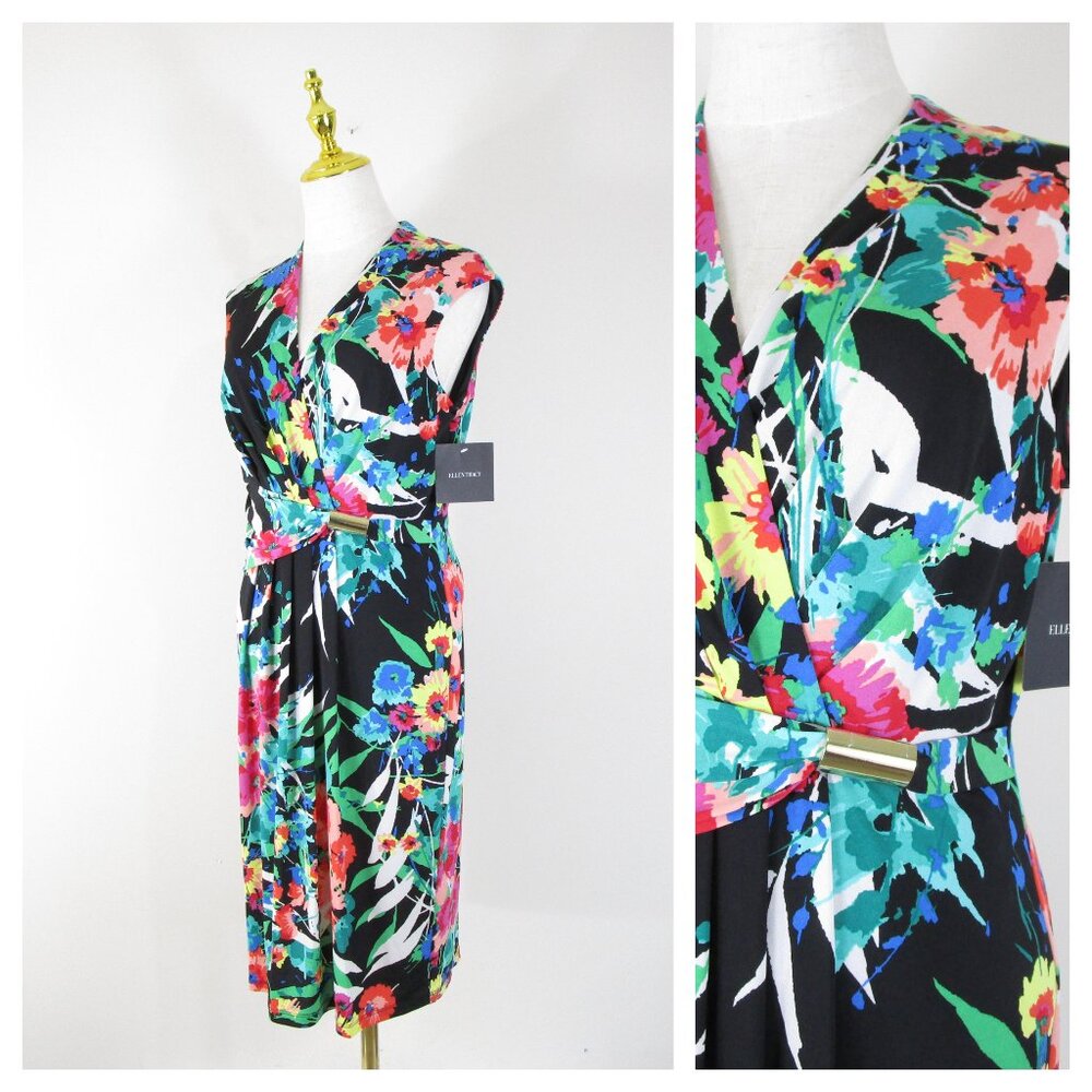 Ellen Tracy Womens Bright Multi-Color Floral Faux Wrap Sheath Dress Size 10